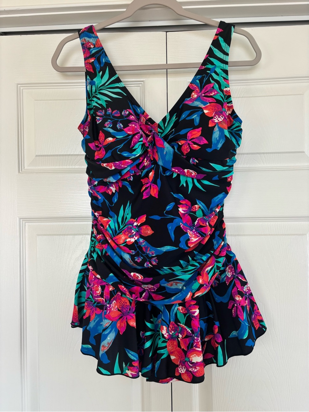 Women’s Black Floral One-Piece Swimsuit with Skirt